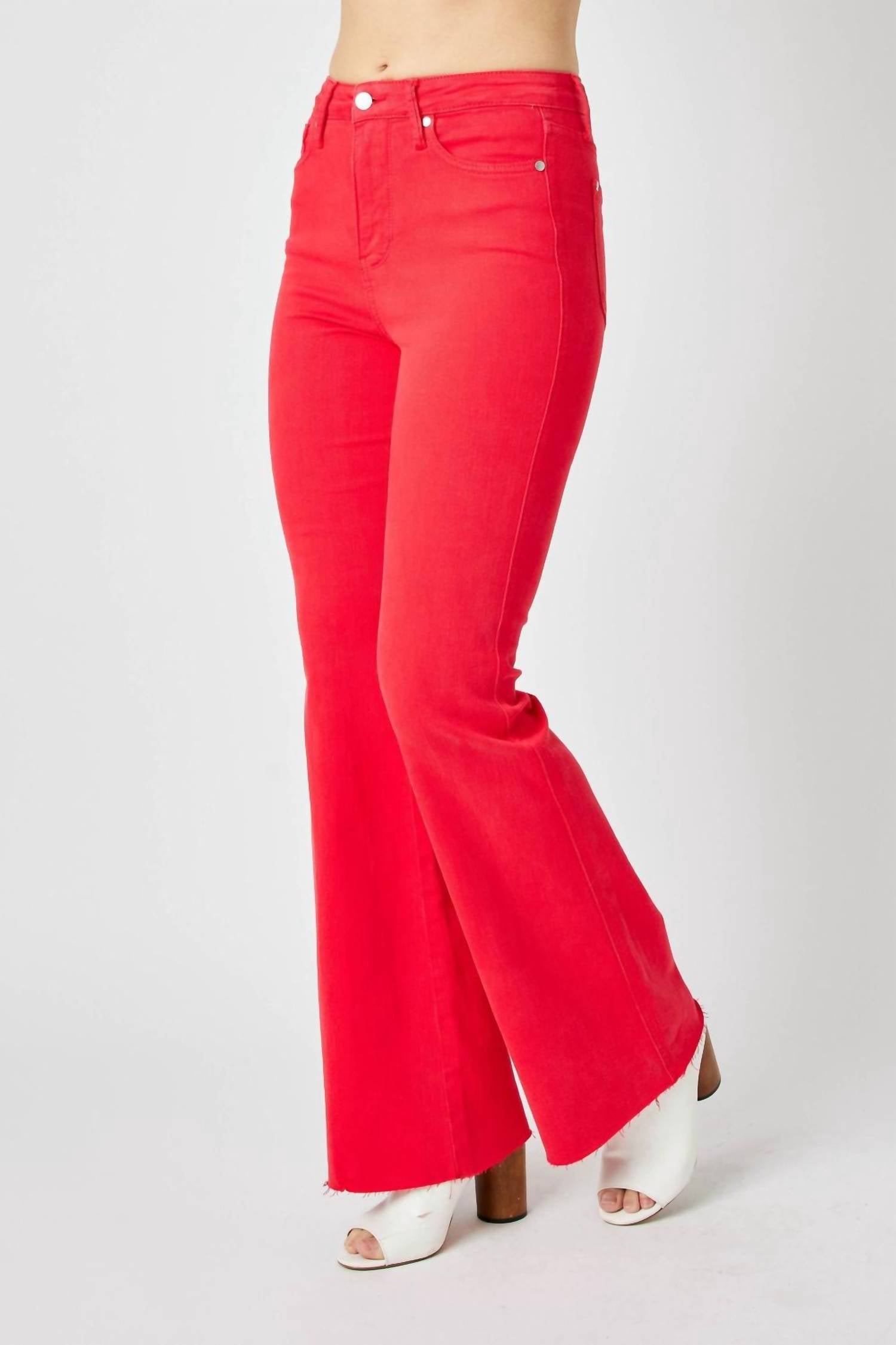 Judy Blue Waist Tummy Control Garment Flare Denim Jeans in dyed red - women's jeans - view 4
