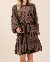 GEEGEE Velvet Grid Pom-Pom Dress in brown - women's dress - detail view