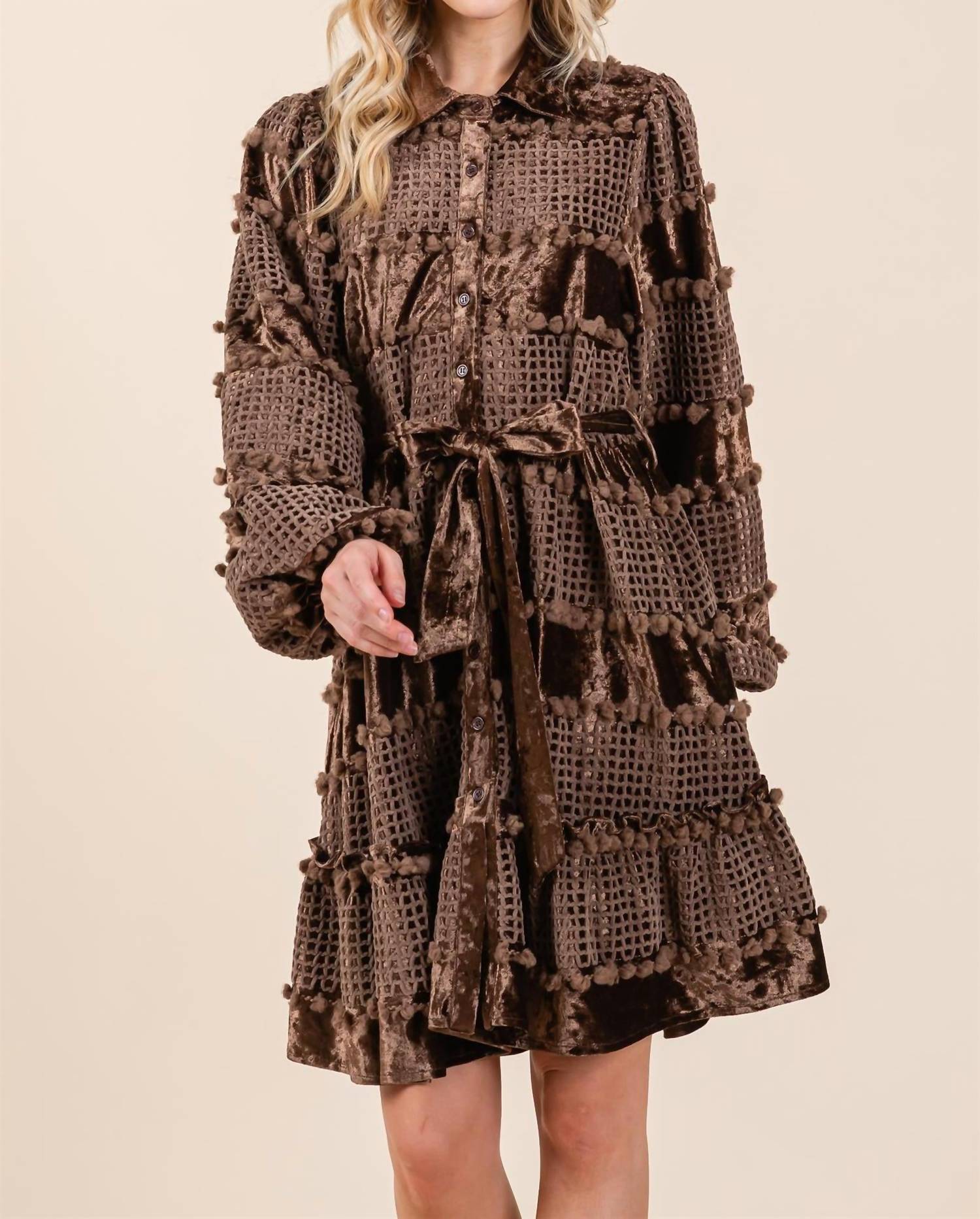 GEEGEE Velvet Grid Pom-Pom Dress in brown - women's dress - detail view
