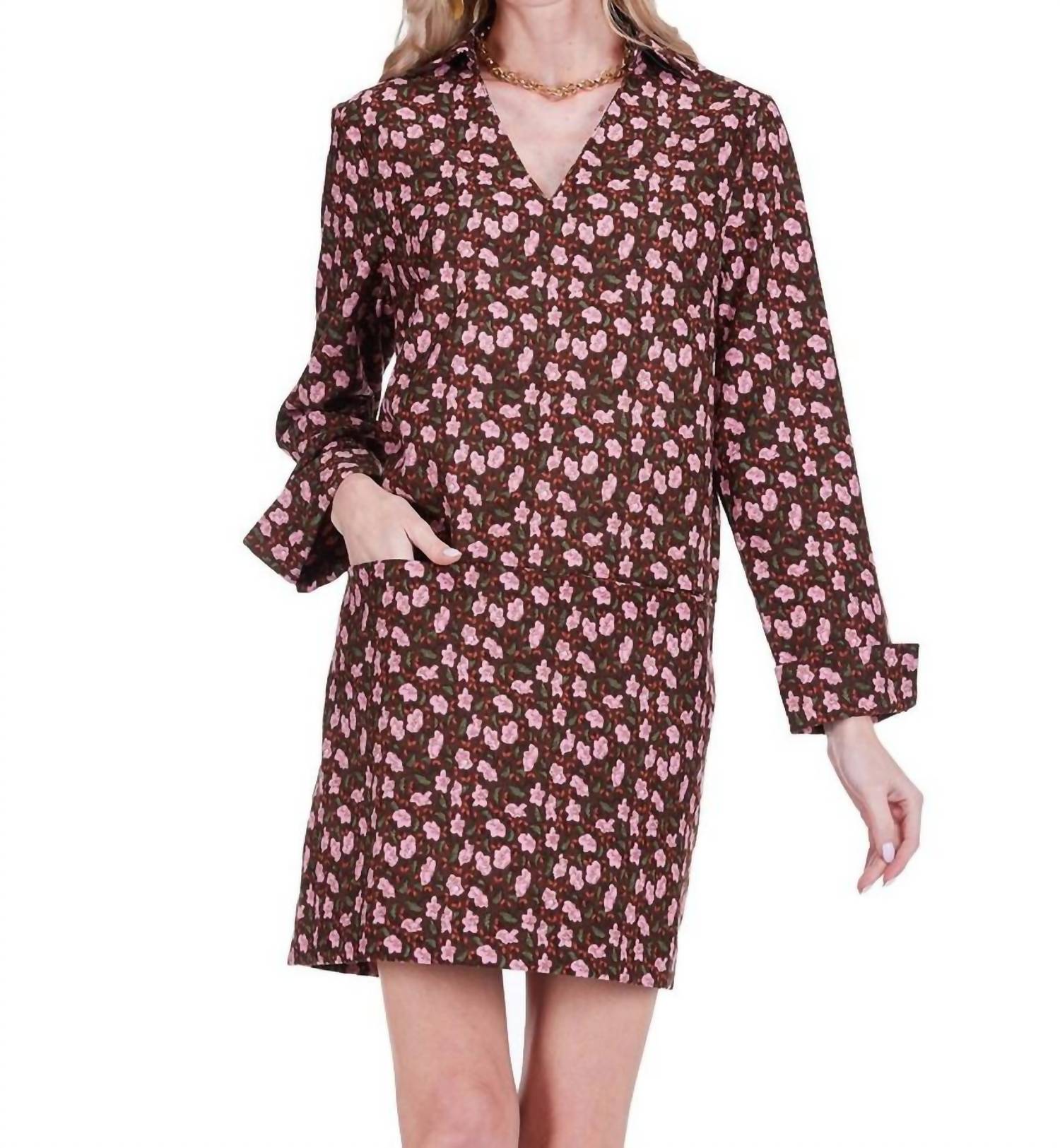Joy Joy Split Neck Collar Dress in pink petals - women's dress