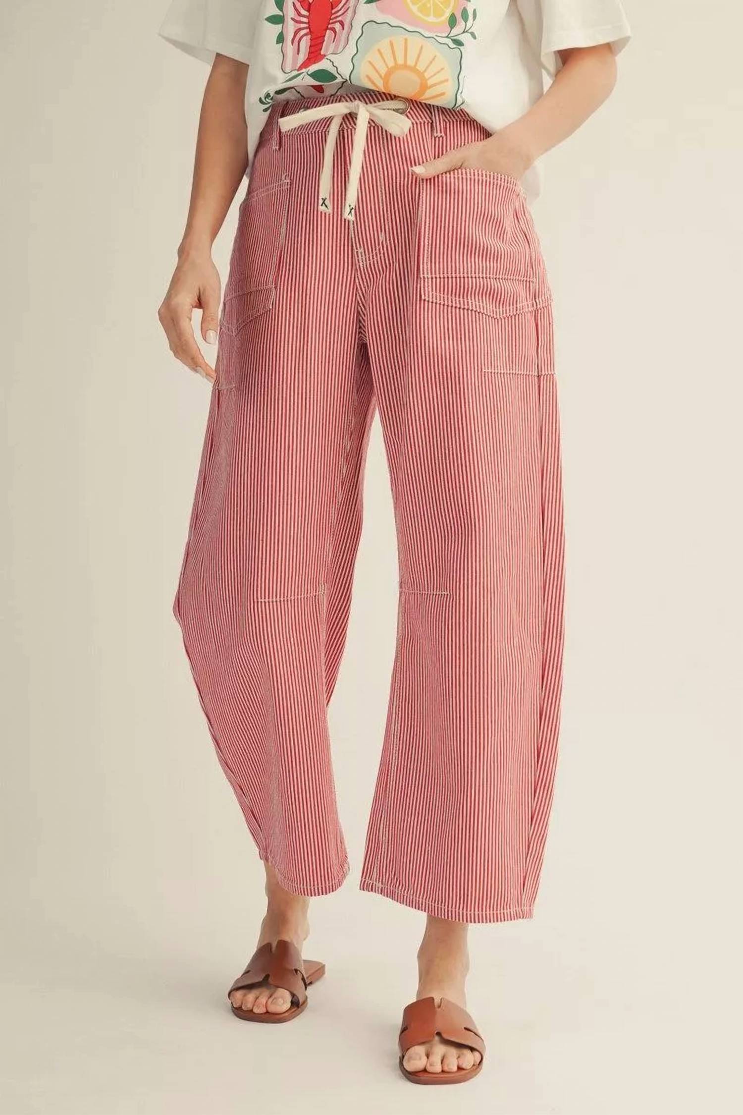 Jodifl - Women's Drawstring Waist Stripe Barrel Pants
