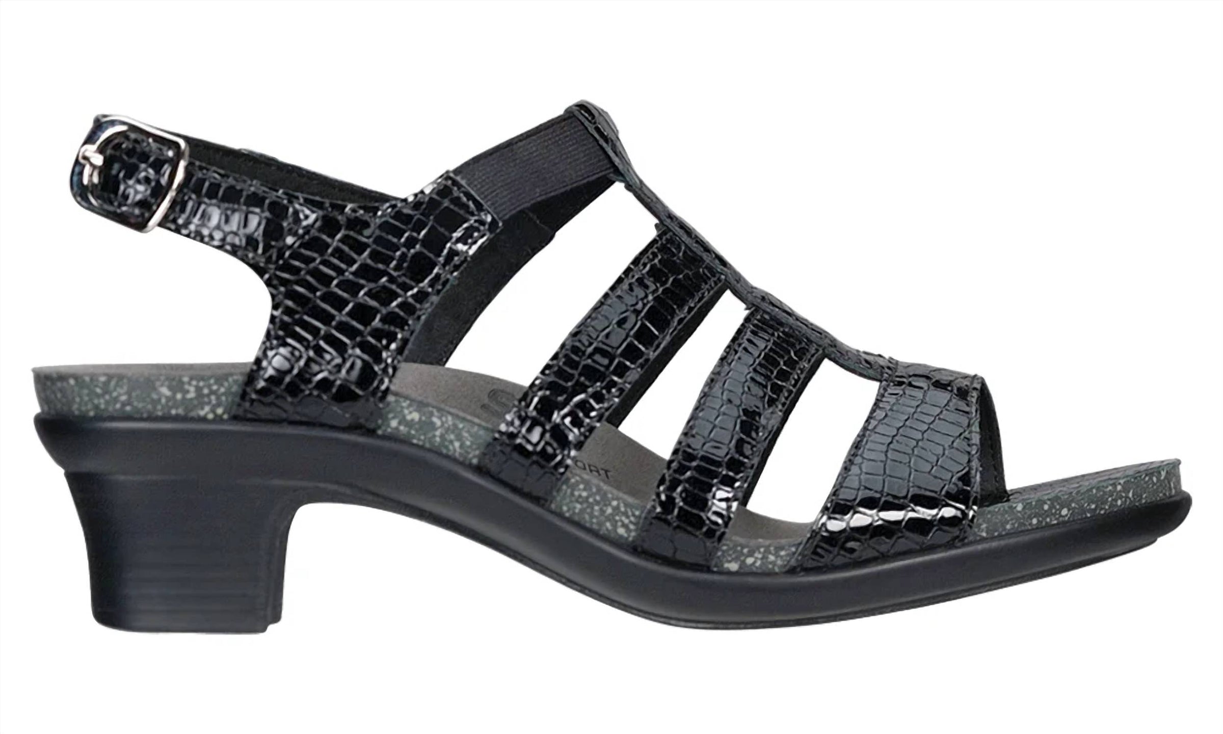 SAS Women's Allegro Heeled Comfort Sandal in black croc - women's sandal - detail view