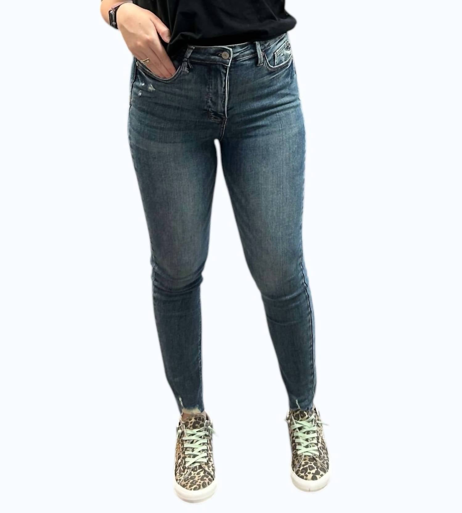 Judy Blue Tommy Vintage Wash Hem Destroy Skinny Jeans in medium wash - women's jeans