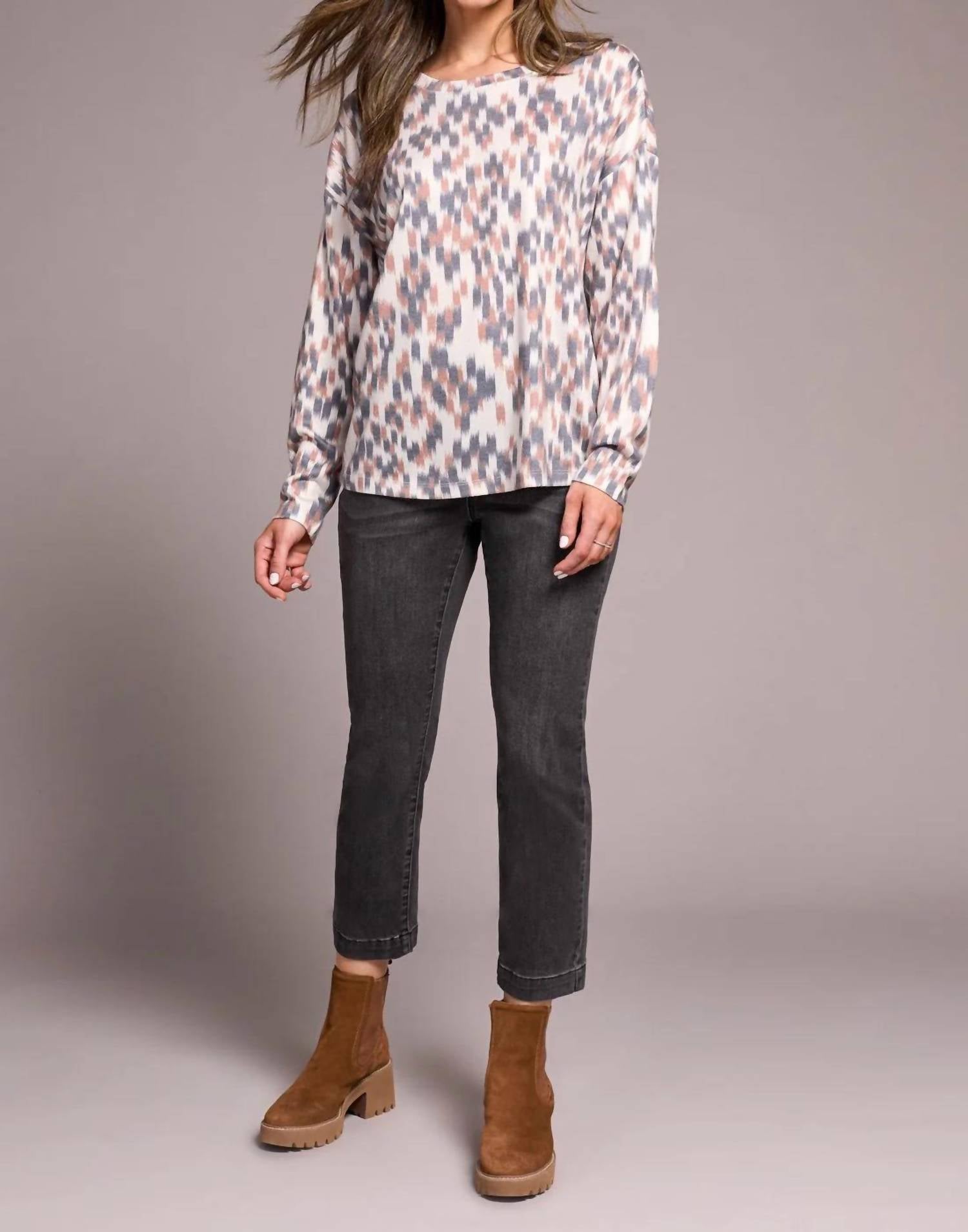 Tribal - Fuzzy Soft Crew Neck Combo Print Knit Top