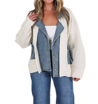 Blu Pepper - Mixed Media Cable Knit Denim Trim Jacket