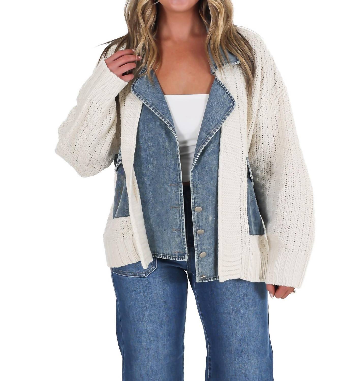 Blu Pepper - Mixed Media Cable Knit Denim Trim Jacket