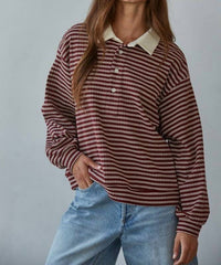 By Together Knit Ribbed Striped Button Up Pullover in red - women's long sleeve top