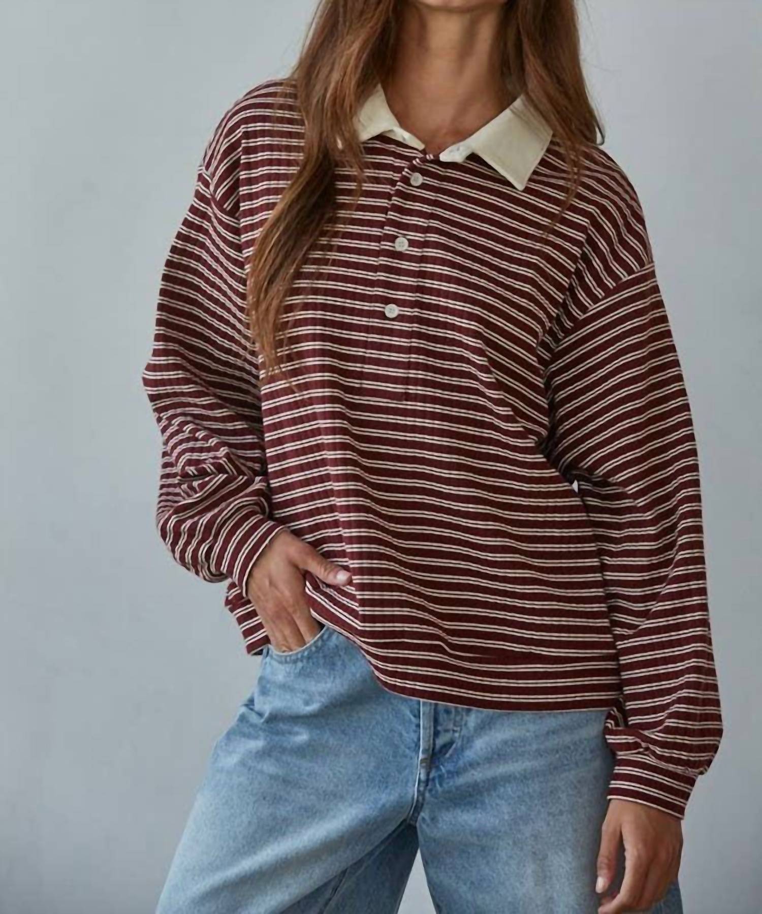 By Together Knit Ribbed Striped Button Up Pullover in red - women's long sleeve top