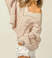 Bibi - Stitch Edge Cable Knit V-neck Sweater Top