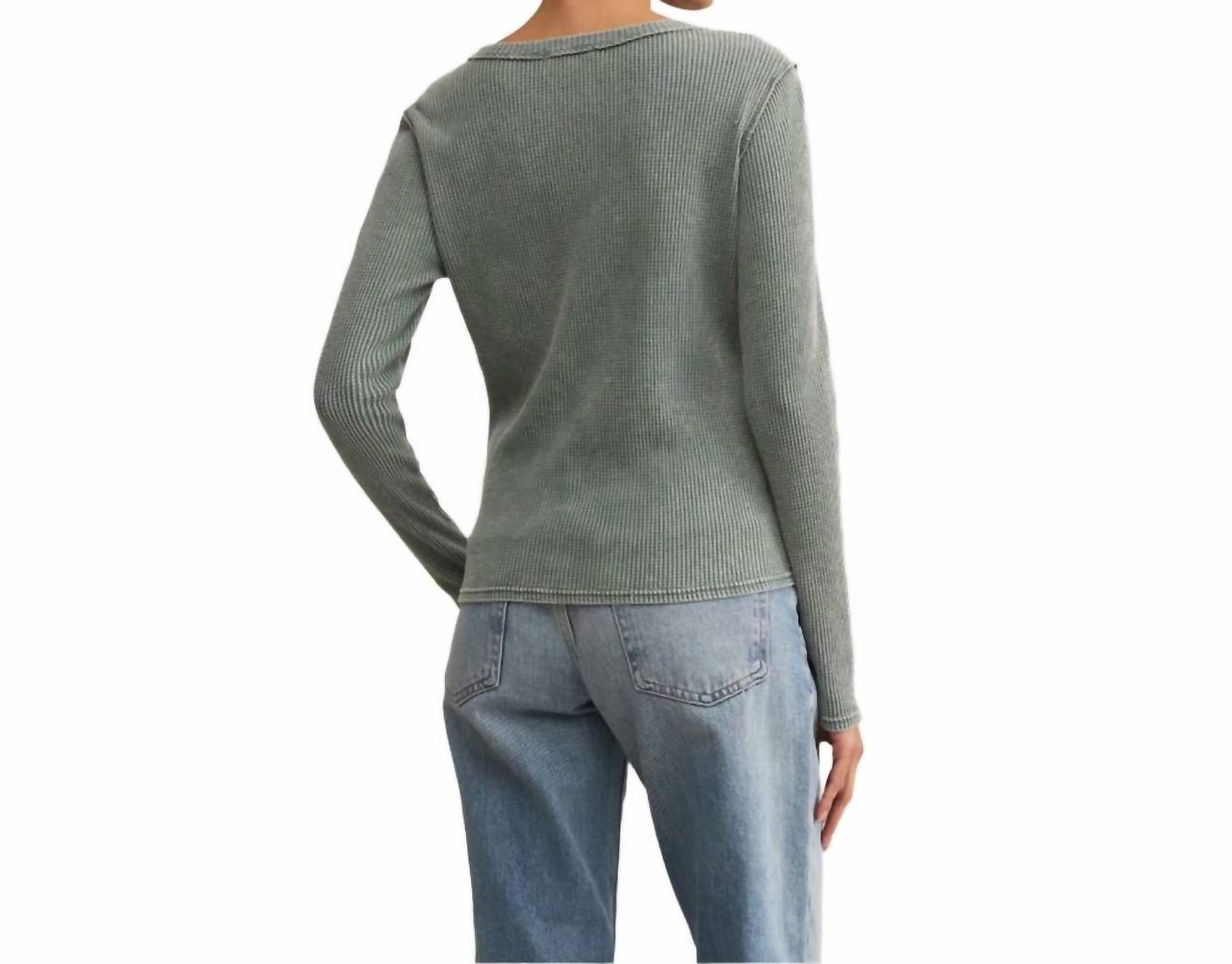 Z Supply Arlet Mini Thermal Top in hunter green - women's long sleeve top - detail view