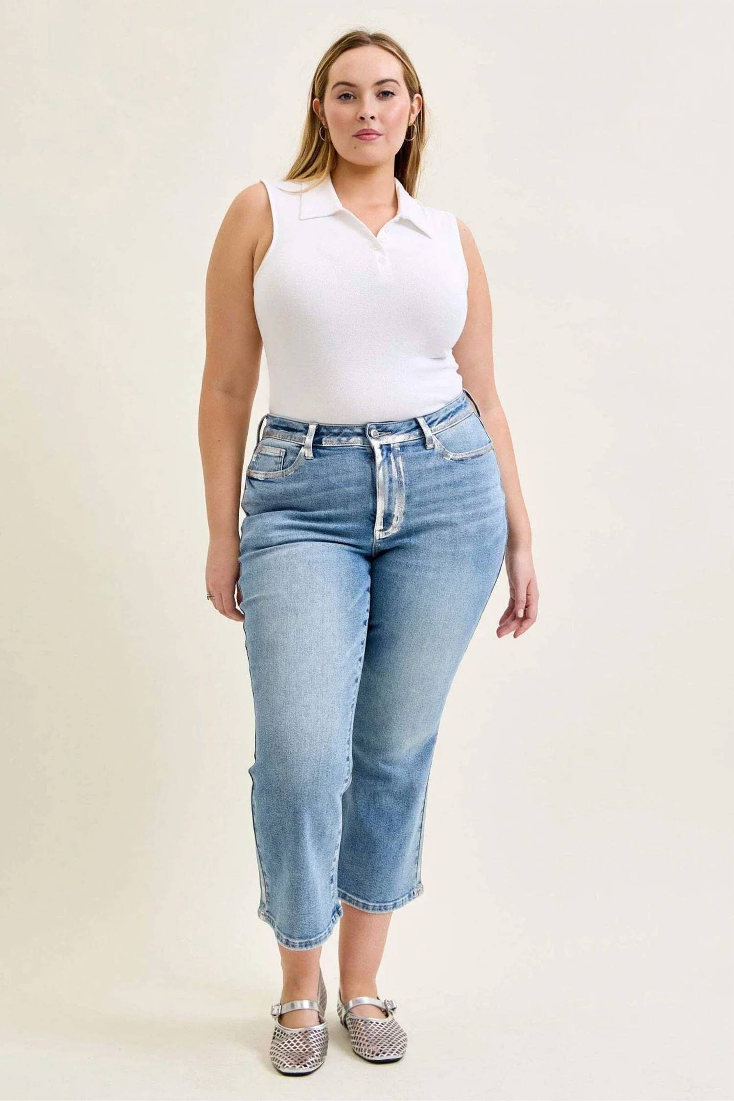 Boutique Simplified - Mid Rise Metallic Foiled Seam Kick Flare Denim Jeans