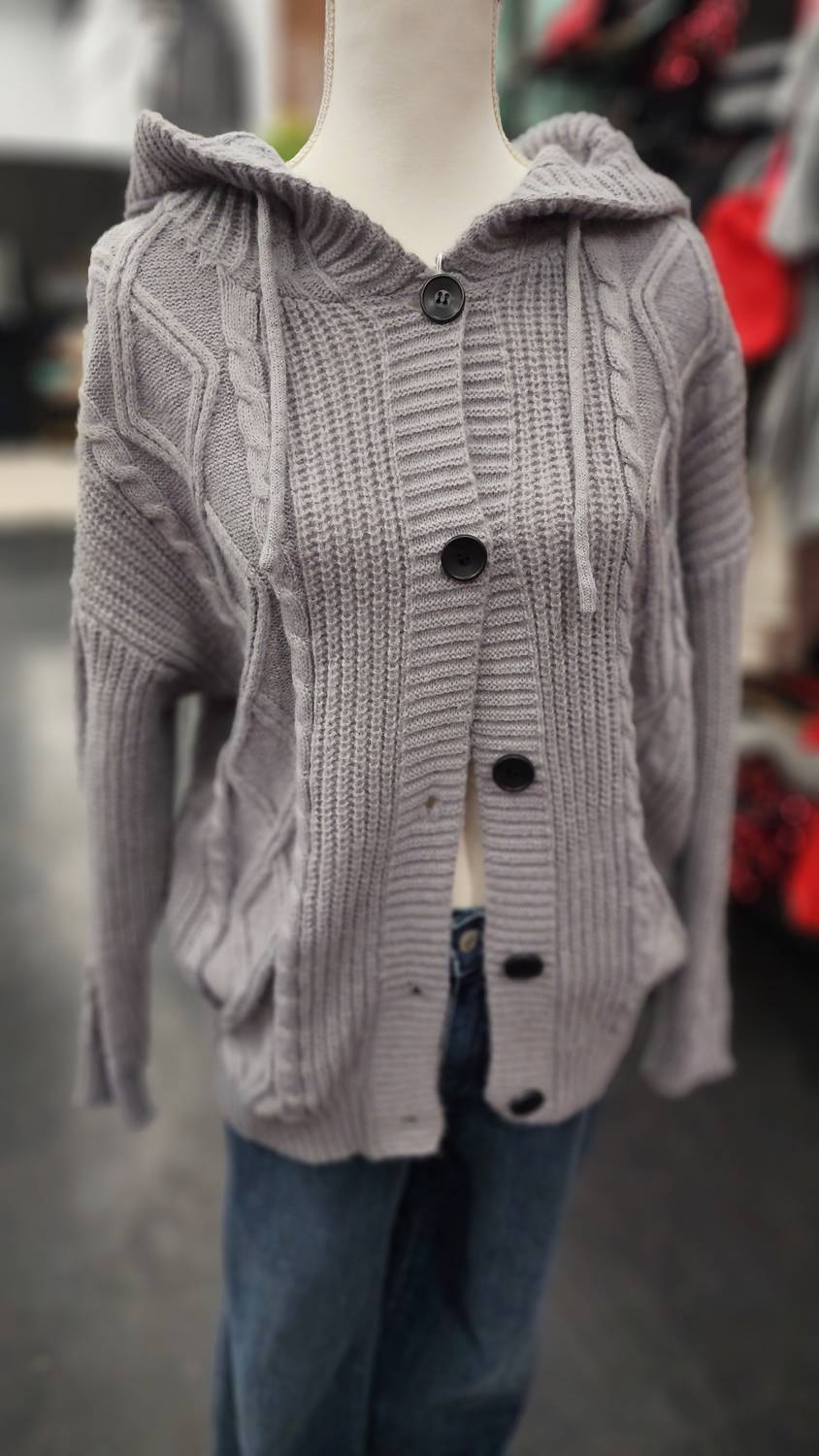 Rosa Clothing Women's Hooded Twisted Knit Cardigan in grey - women's cardigan