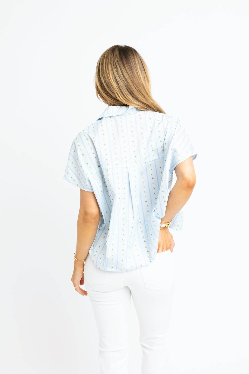 Karlie Floral Stripe V-Neck Collar Top in blue - women's blouse - detail view