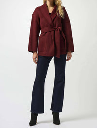 Joseph Ribkoff Belted Shawl Collar Coat in merlot - women's jacket - detail view