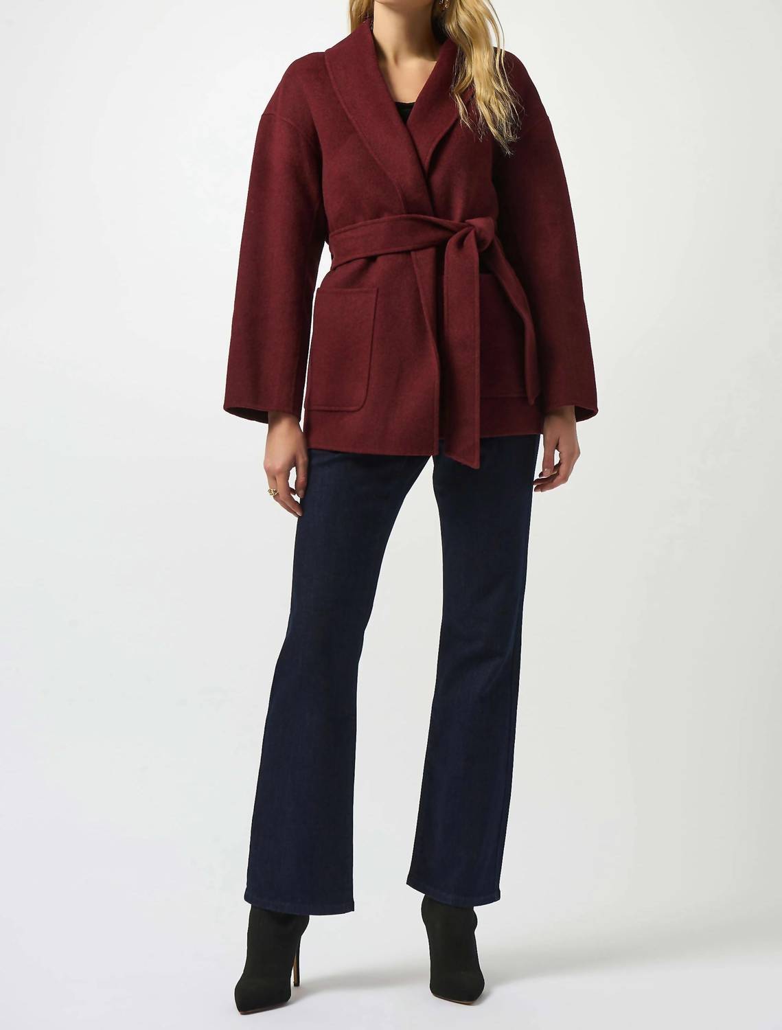 Joseph Ribkoff Belted Shawl Collar Coat in merlot - women's jacket - detail view