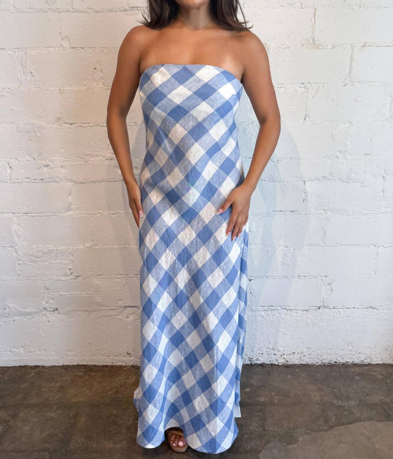 Adeline - Erin Strapless Linen Gingham Maxi Dress