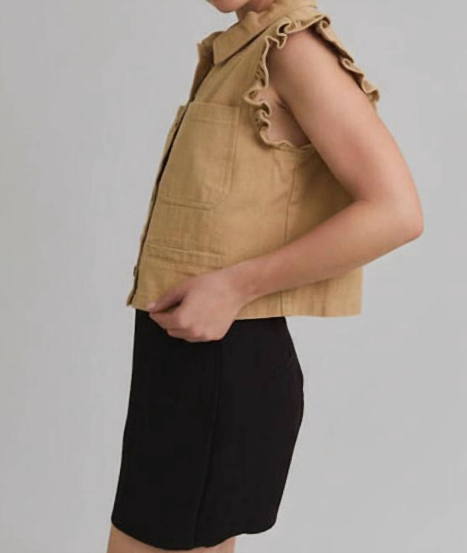 GILLI Peyton Ruffle Detail Jean Vest in taupe denim - women's jacket - alternate view