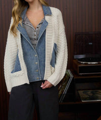 Blu Pepper Cable Knit With Denim Detail Sweater Jacket in cream - women's jacket - view 5