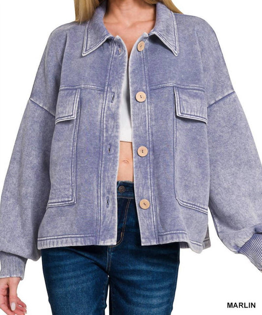 Zenana - Acid Wash Fleece Cropped Shacket With Front Pockets