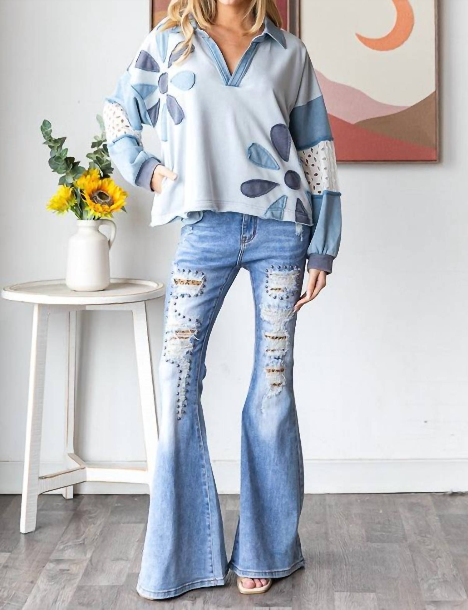Oli & Hali - Collared Top With Eyelet Lace