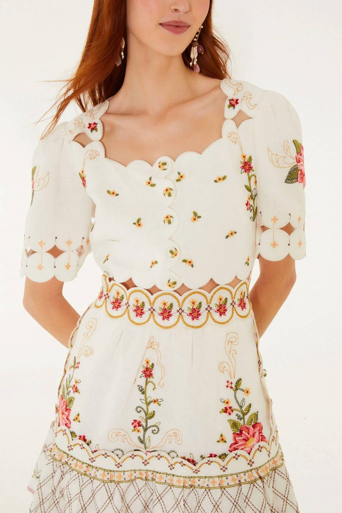 Farm Rio - Flower Embroidery Scalloped Mini Dress