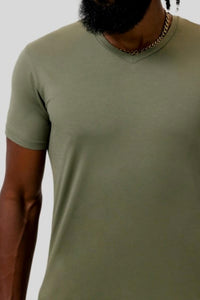 Dezman V-neck Split Hem Tee in army - men's t-shirt - detail view