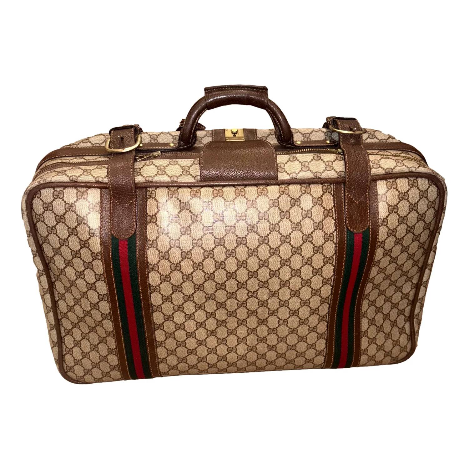 Gucci - Women's Vintage Gg Monogram Canvas Travel Suitcase With Web Stripe And Leather Trim
