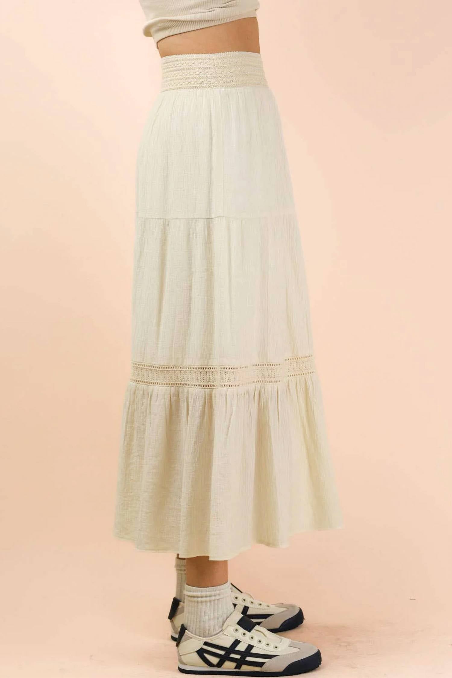 Very J - Tiered Layers Solid Woven Skirt With Lace Trim