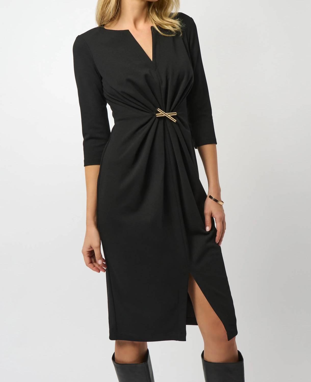 Joseph Ribkoff Ruched Front Slit V-neck Sheath Dress in black - women's dress - alternate view