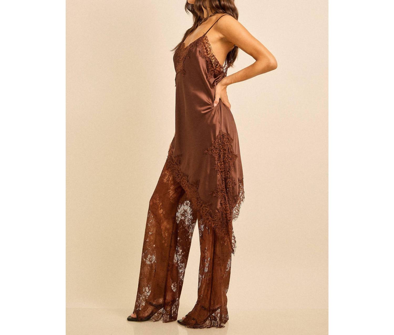 Skylar Rose - Spring Satin Lace Trim Cami And Pants Set