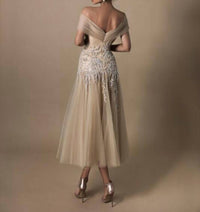 Tarik Ediz Lana Off The Shoulder Tea-length Dress in stone - women's dress - detail view