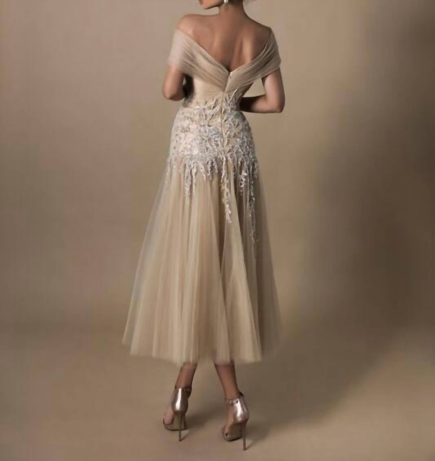 Tarik Ediz Lana Off The Shoulder Tea-length Dress in stone - women's dress - detail view