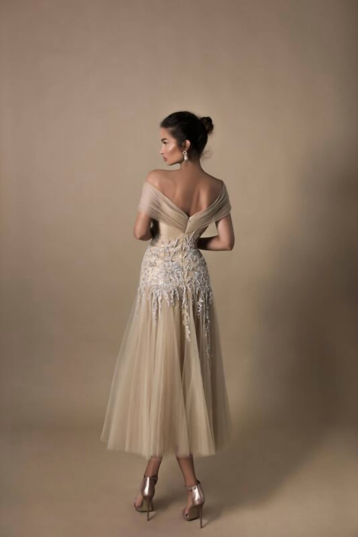 Tarik Ediz Lana Off The Shoulder Tea-length Dress in stone - women's dress - alternate view