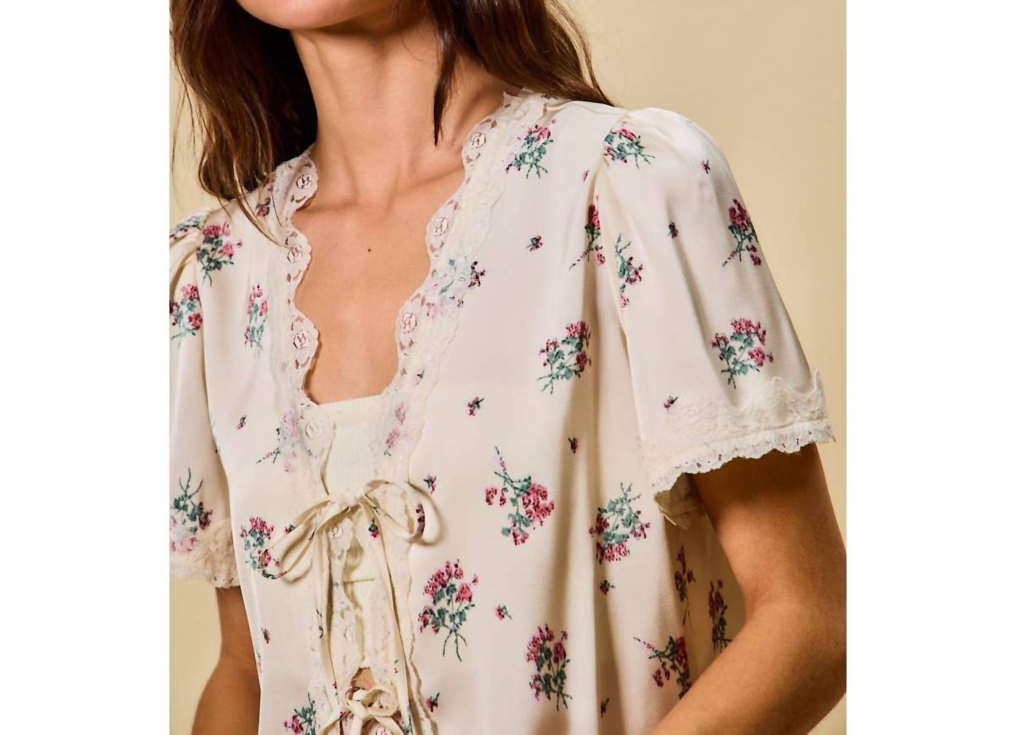 So Me - Rose Satin Tie Front Floral Blouse