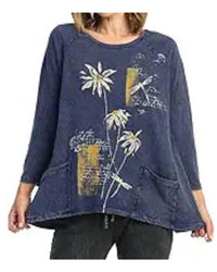 Jess & Jane Lazy Day Mineral Washed Patch Pocket Top in denim blue - women's shirt - detail view