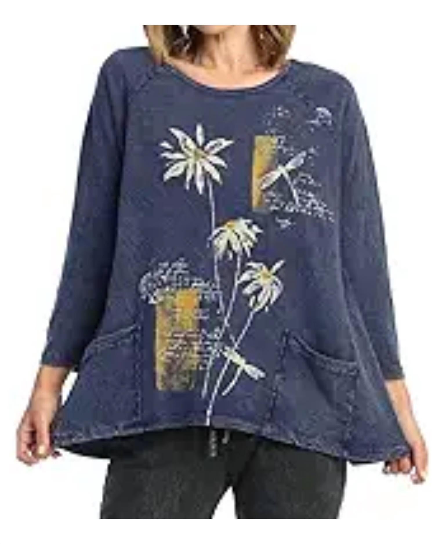 Jess & Jane Lazy Day Mineral Washed Patch Pocket Top in denim blue - women's shirt - detail view