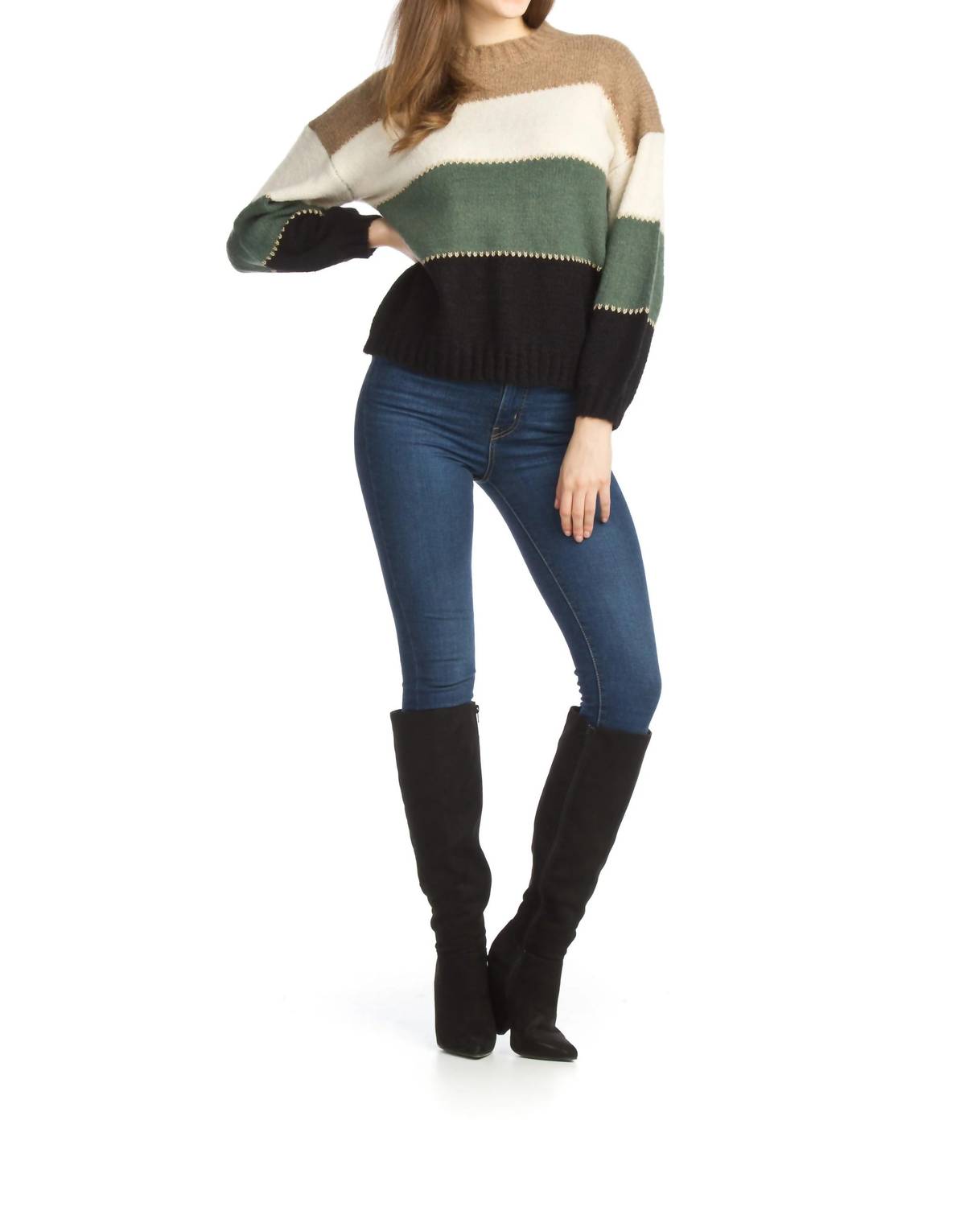 Papillon - Striped Color Blocked Balloon Sleeve Sweater