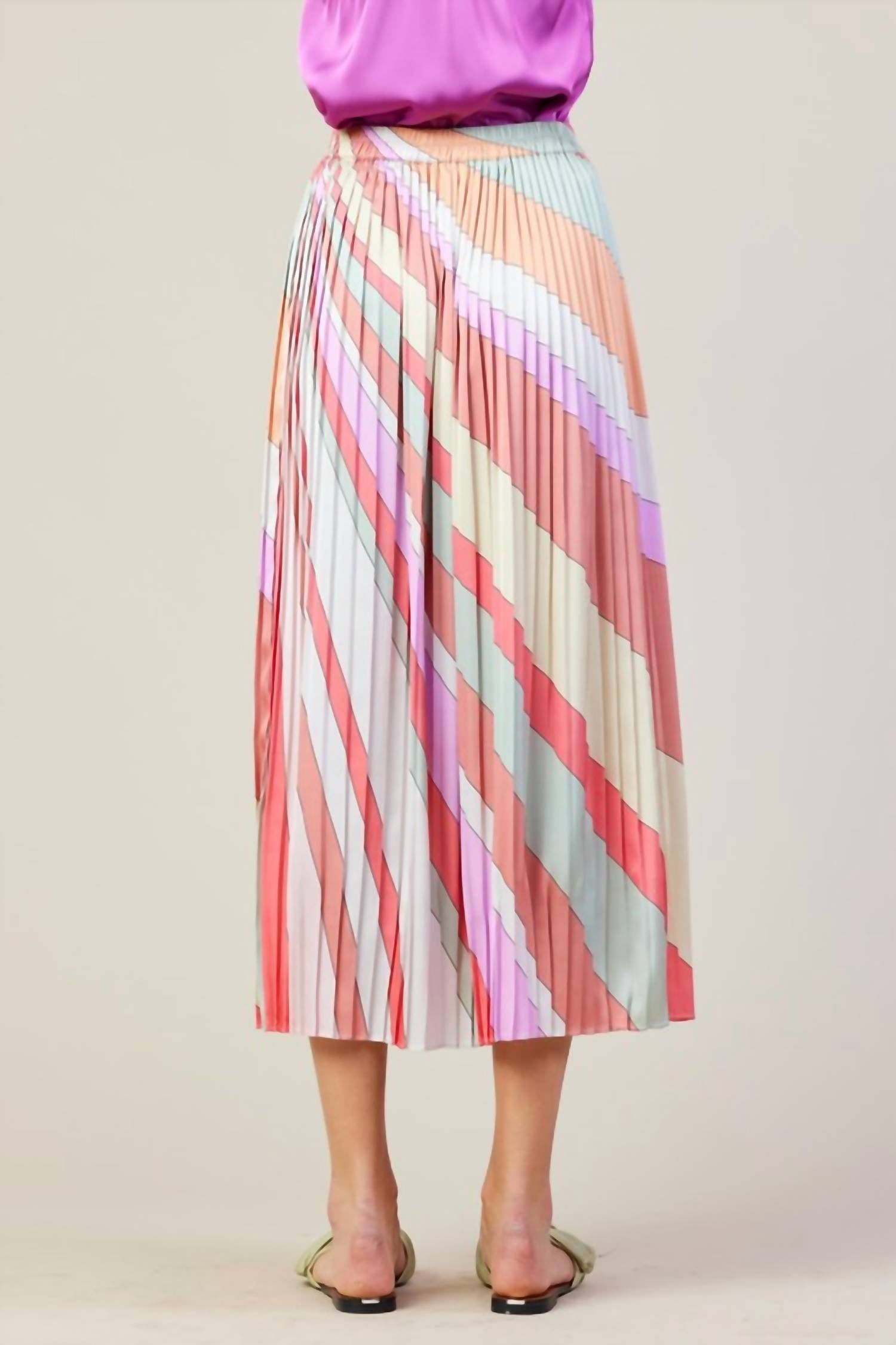 Skies Are Blue - Frank Stella Graphic Rainbow Lines Print Midi Skirt