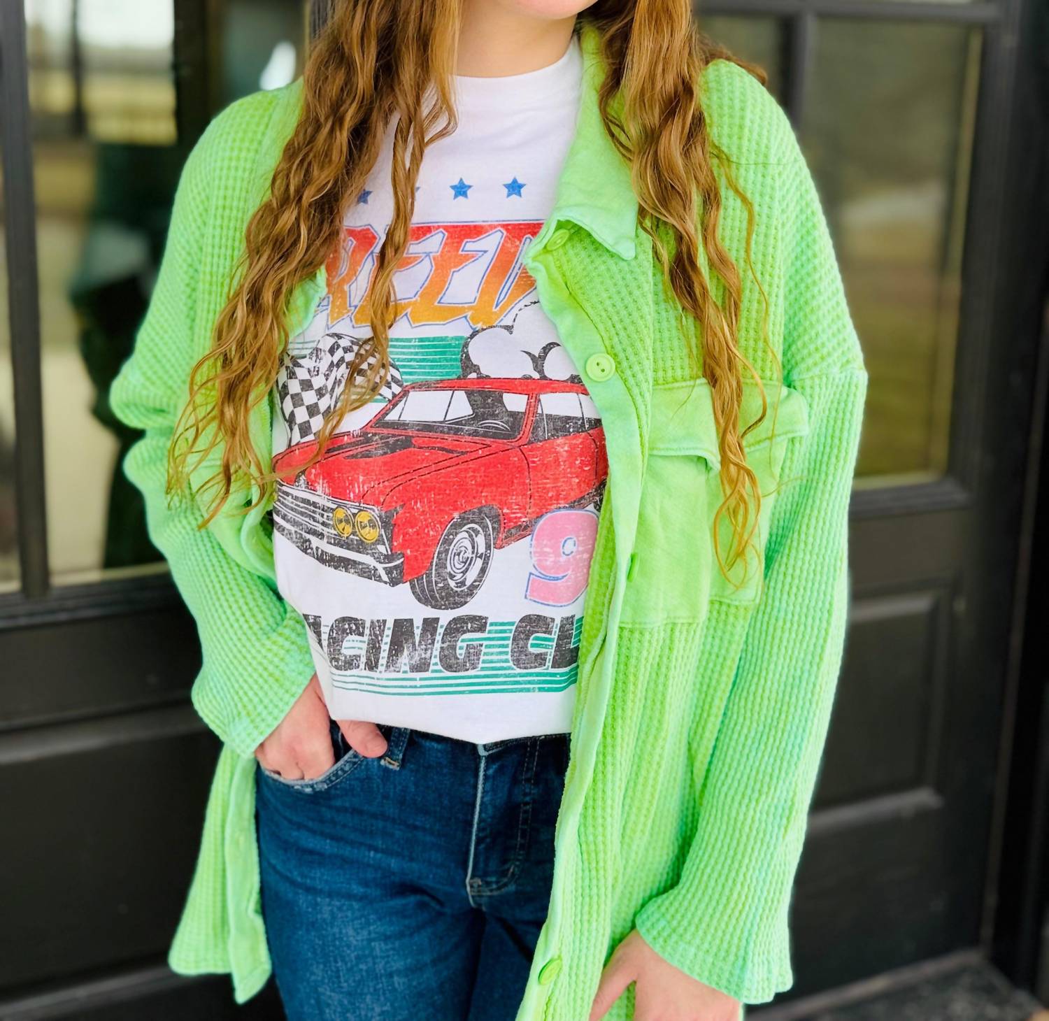 BUCKETLIST Vintage Wash Waffle Knit Shacket in green - women's shirt - alternate view