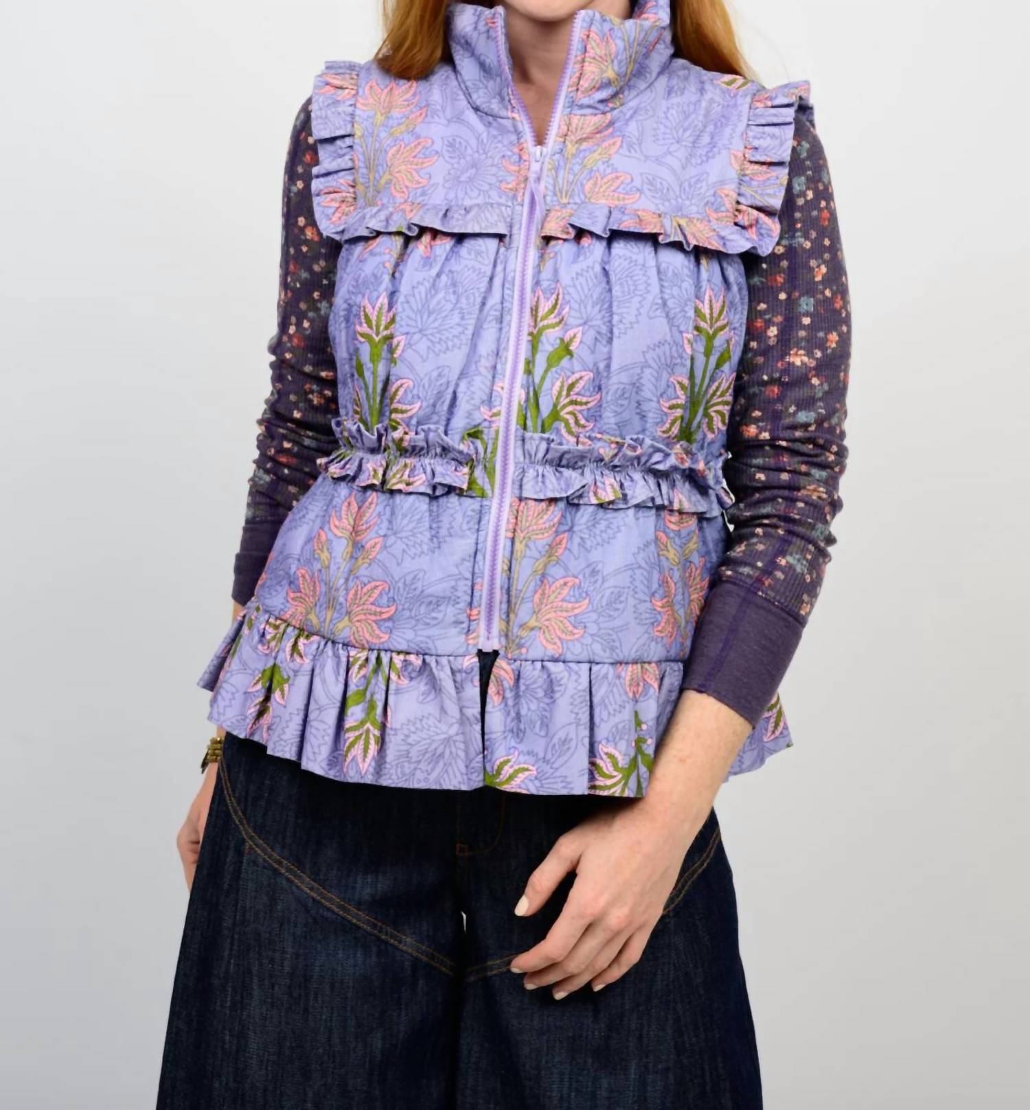 Ivy Jane BLOCK PRINT CORDUROY VEST in periwinkle 1 - women's jacket - detail view