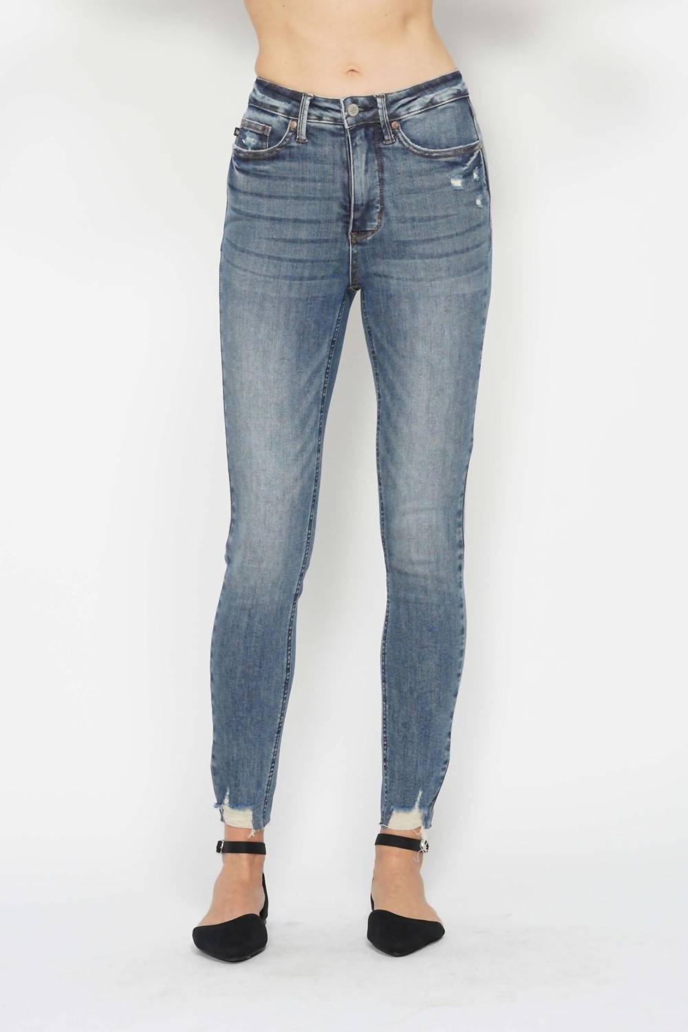 Judy Blue - High Waist Tummy Control Vintage Wash Destroyed Hem Skinny Jeans