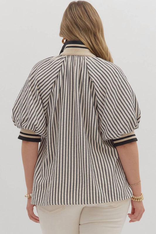 Entro - Stripe Pattern Half-zip Closure Short Puff Sleeve Top