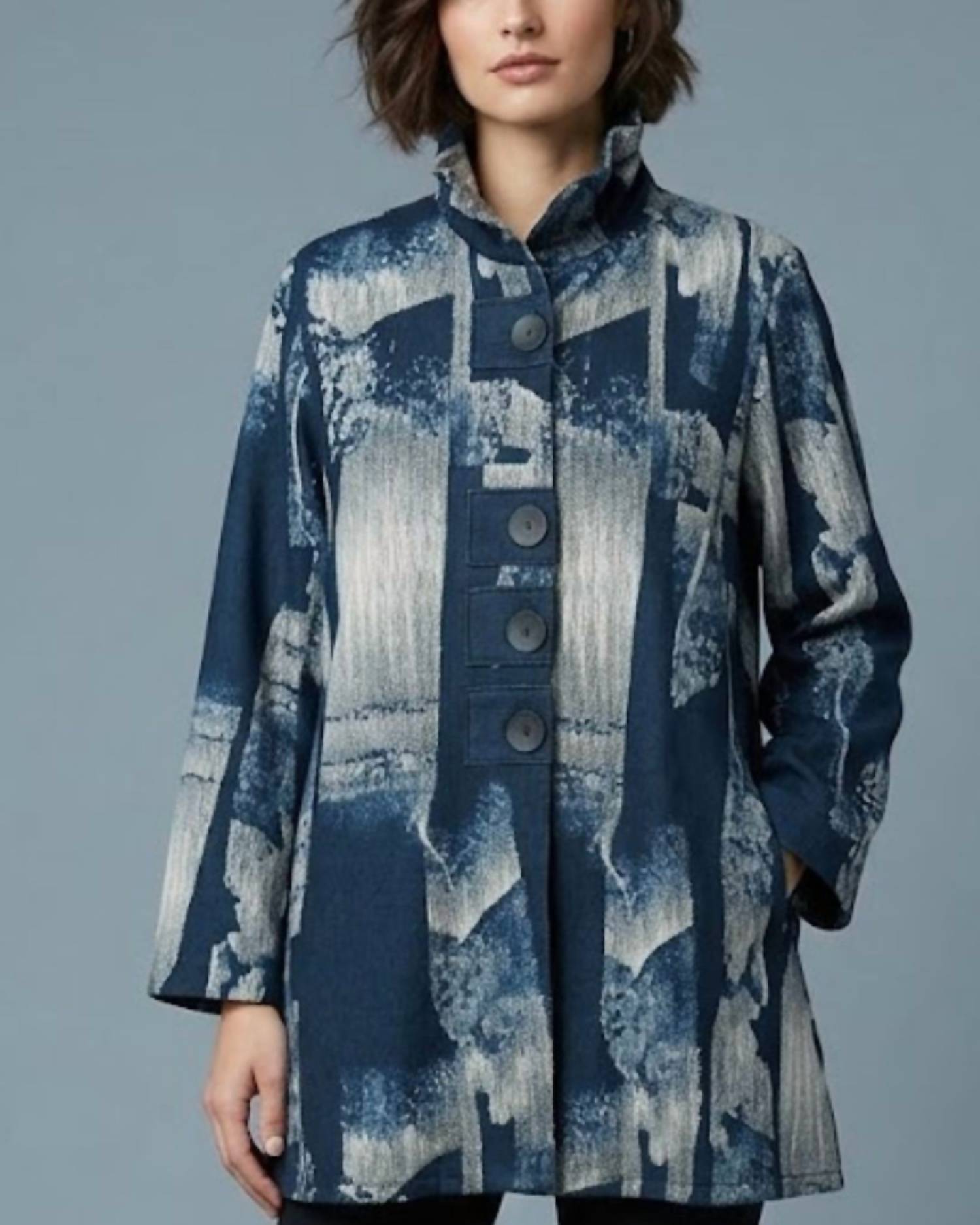 DAMEE Abstract Long Button Patch Coat in navy - women's jacket