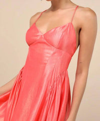 Lulus Paride Shiny Gathered Lace-up Midi Dress in coral - women's dress - view 4