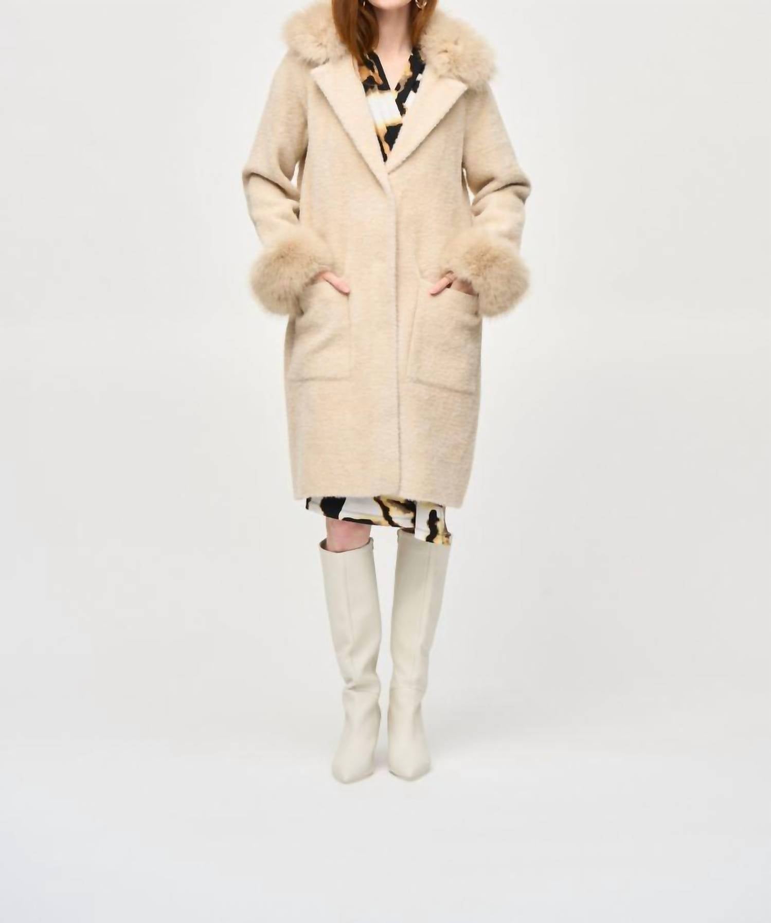 Joseph Ribkoff - Detachable Faux Fur Trim Long Sleeve Coat