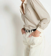 Nation LTD Cecilia Collared Top in espresso pinstripe - women's long sleeve top - detail view