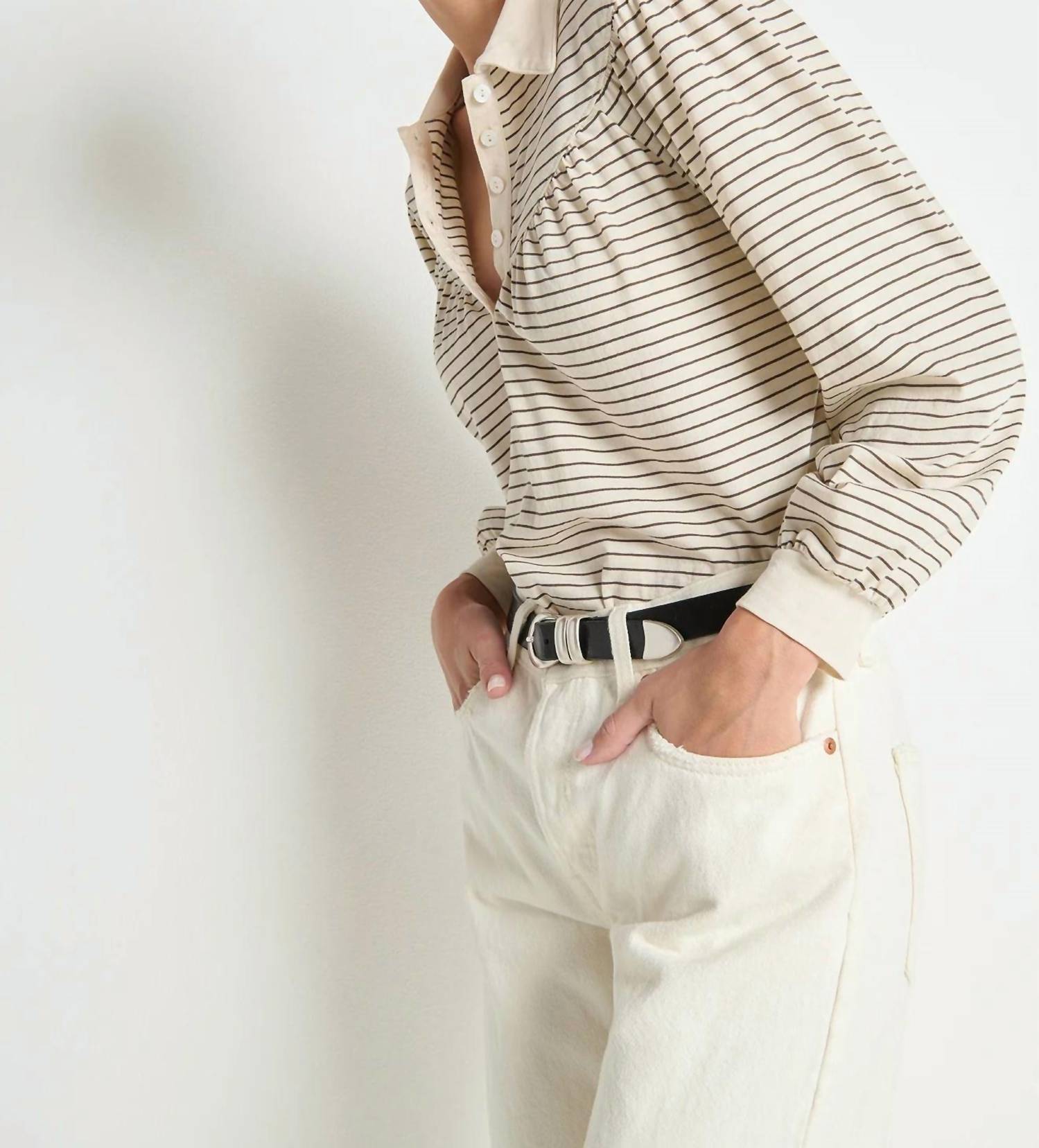 Nation LTD Cecilia Collared Top in espresso pinstripe - women's long sleeve top - detail view