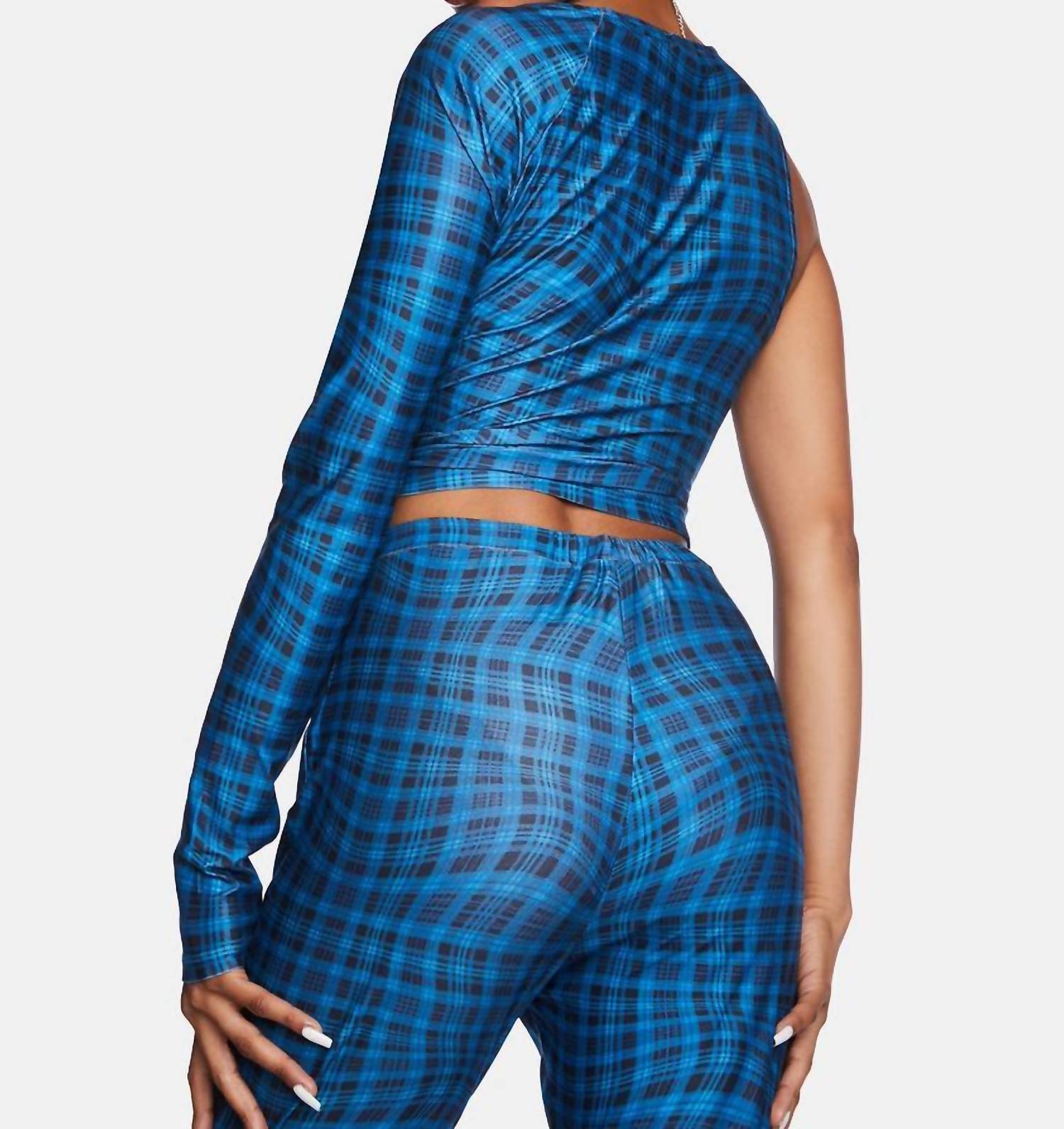 ANOTHER GIRL Wavy Check Asymmetric Top in blue - women's blouse - detail view