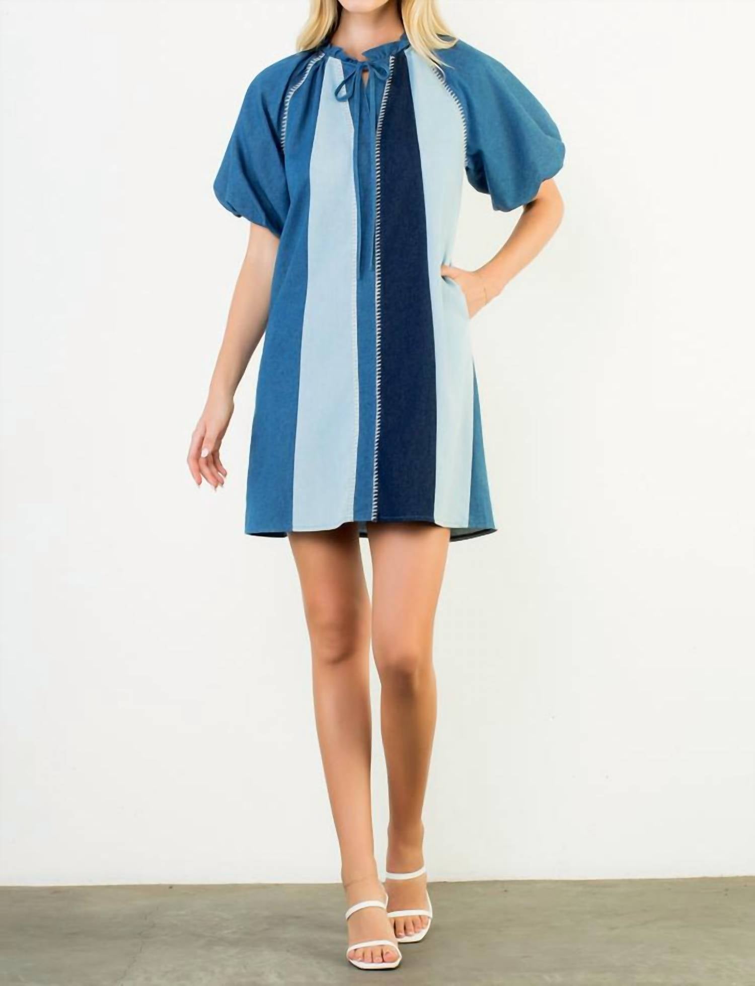 THML Jenna Puff Sleeve Denim Dress in blue - women's dress