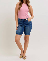 Judy Blue Mid Rise Bermuda Denim Short in blue - women's shorts - alternate view
